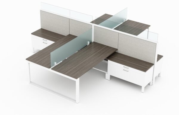 4-Person set of L-shaped workstations. Frameless Clear acrylic pieces make up the top of the partition, on one side of each workstation. Just below the main partition is a wide credenza, just under the work surface. At its side is a ledge for storing bags and purses. This is rendered on a white background. Model is EV507.