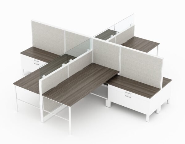 4-Person set of L-shaped workstations, with high paneling, end to end. Each station is partially enclosed, with a small work area placed on the back wall. At the front, is a pair of neighboring credenzas. Model is CM504.