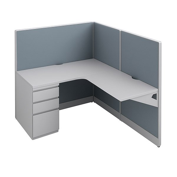 48″H 5′×5′ Cubicle — 24″-Deep Worksurfaces, BBF Pedestal room view