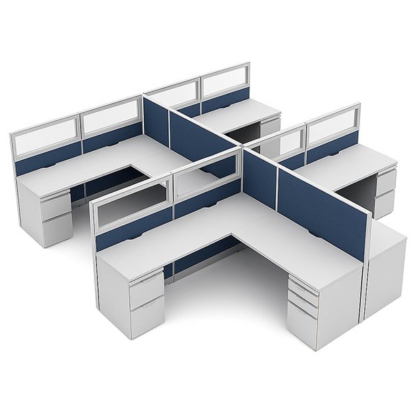 54” high 6’ x 6’ four pod workstation with glass stackers, 24” deep worksurfaces, box/box/file and file/file pedestals