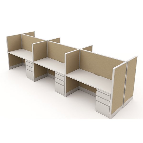 Back-to-back six pod 54” high x 60” wide workstation with 60” x 24” worksurface and box/box/file pedestal