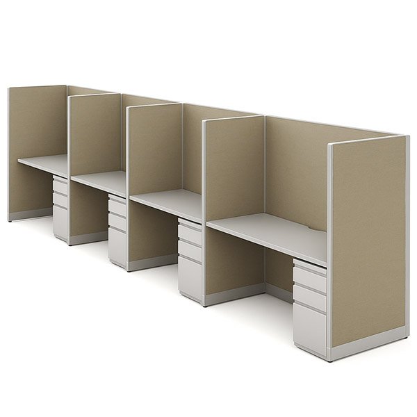 Single-Row 4-Pod 66″H x 60″W Workstations – 60″×24″ Tops with BBF Pedestals