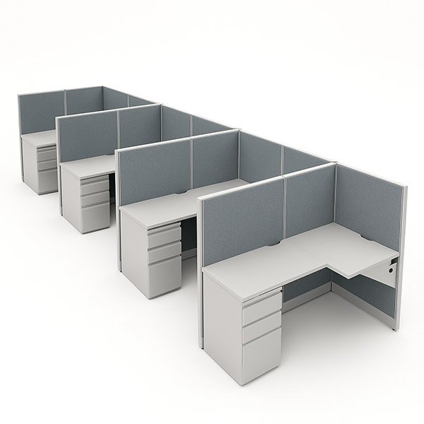 Single row four pod 54” high 5’ x 5’ workstation with 24” deep work surfaces