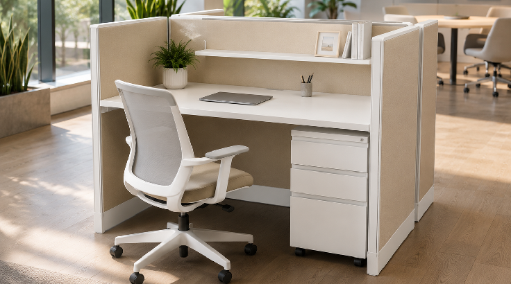 Modern Open Low 5' x 2' Cubicle with Drawer Storage room view