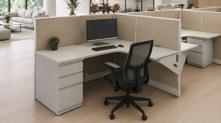 Side by Side Two Pod Open Low Panel 5' x 5' Cubicle with Drawer Storage room view