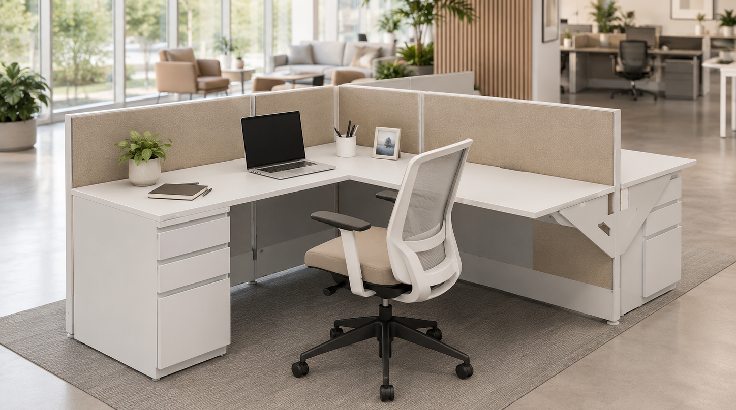 Side by Side Two Pod Open Low Panel 6' x 6' Cubicle with Drawer Storage room view